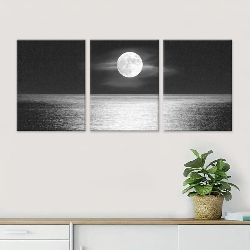 Wooden Framed Canvas Painting, 3 Counts set Natural Moonlight Scenery Canvas Poster,  Modern Wall Art for  Home Office Dormitory Coffee Shop