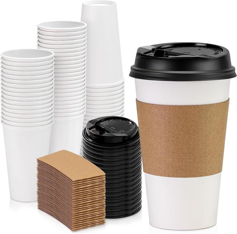 HOW'S MY HOUSE 100 Pack 16 oz Disposable Coffee Cups with Lids, Sleeves and Stirrers, Premium To Go Coffee Cups with Lids, Durable Thickened Hot White Paper Cup for Cold Hot Beverage Chocolate Cocoa