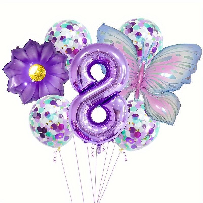 Butterfly Flower Theme Balloon Set, Including Butterfly Balloon*1, Flower Balloon*1, Number Balloon*1, Confetti Balloon*4, Ribbon*1, Balloon Straw*1, Birthday Party Decoration, Party Supplies