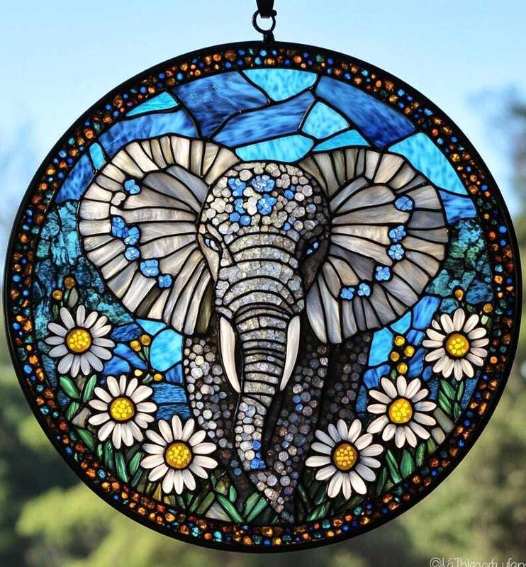 Acrylic Elephant Suncatcher Hanging Decor, Faux Stained Glass Ornament, Perfect Gift for Moms, Nature Enthusiasts Floral Elephant Decor