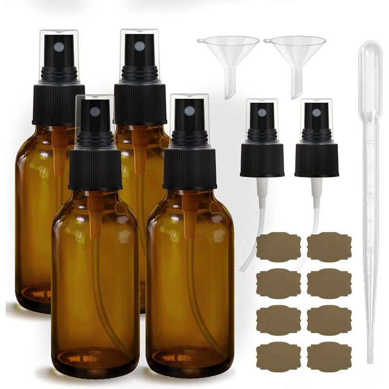 Spray Bottles about 4oz Amber Small Empty Glass Spray Bottle Fine Mist Spray Refillable Containers, Set of 4, Included 6 Sprinkler, 2 Funnels,1 Droppers, 8 Labels