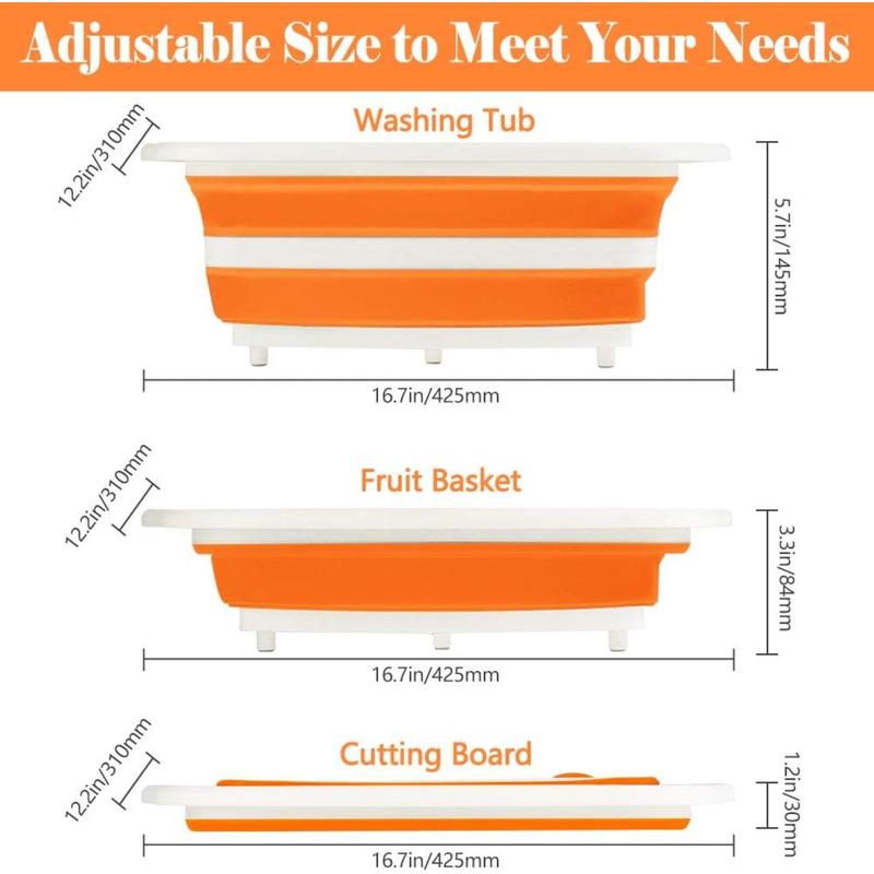 Collapsible , with Colander, Multifunctional Kitchen Vegetable Washing Basket Silicone Dish Tub for BBQ Prep Picnic Camping(Orange) Organiser