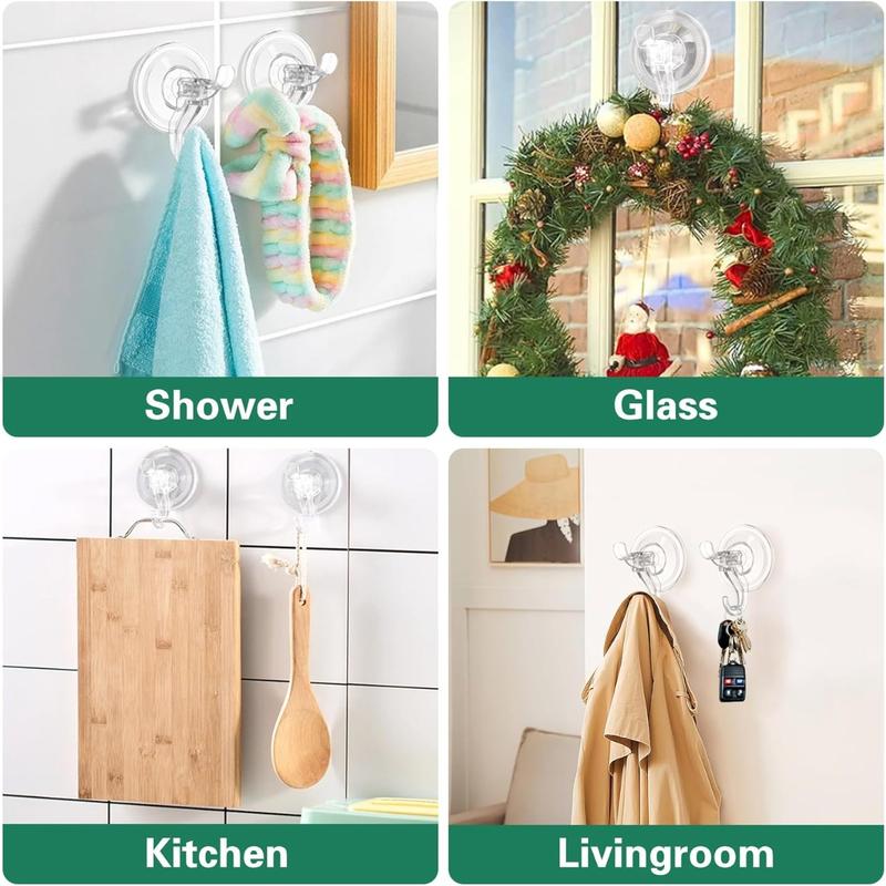 Suction Cup Hooks, 6 Pack,  Holding, Clear, Hard Plastic, Dual Hooks Holder, Waterproof, Reuseable, Suction Hanger for Bathroom, Shower, Kitchen