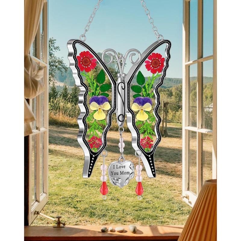 Gifts for Mom Butterfly Suncatcher Mom Gifts Mothers Day I Love You Mom Stained Glass Sun Catcher for Window Hangings Wind Chime Ornament Birthday Gift for Mother`s Day Valentine`s Christmas