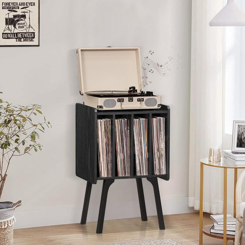 Phonograph stand, black vinyl record storage table with 4 cabinets, which can store up to 100 records, living room vinyl stand display stand bedroom furniture open storage tv console