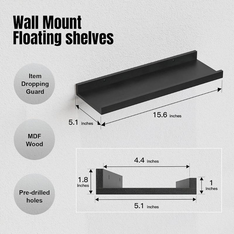 [Limited time deal] 5 Set Floating Wall Mounted Shelves | Black Shelves for Wall Decor, Display Shelves for Wall Decor