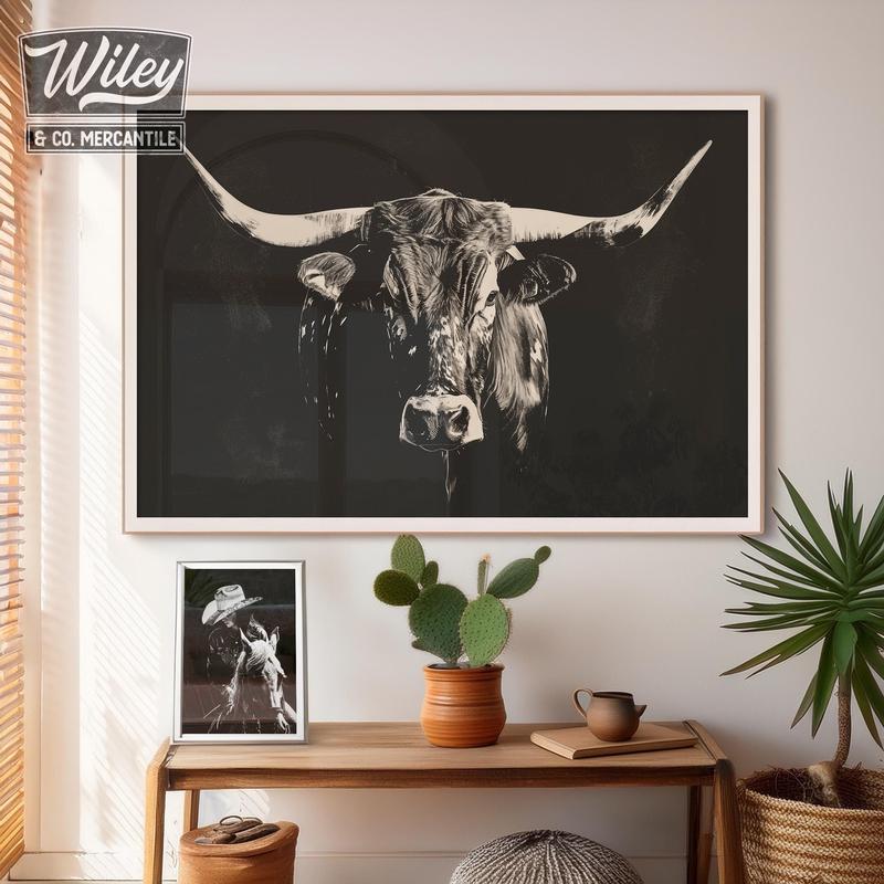 Texas Longhorn Art Poster No Frame, Black and White Modern Western Art Print, Large Western Living Decor, Ranch House Wall Art, Wild West Cow Prints