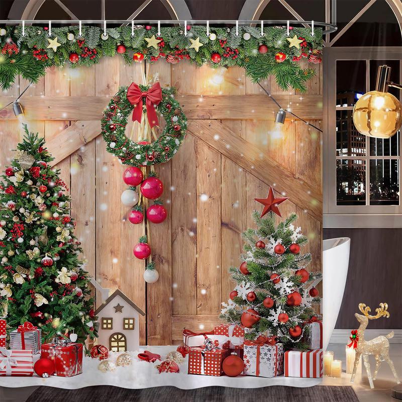 PAUSEBOLL Farmhouse Christmas Shower Curtain, Winter Xmas Tree Home Decor Wooden Barn Door Fabric Shower Curtains for Bathroom, Country Vintage Snowflake 72x72 Inch