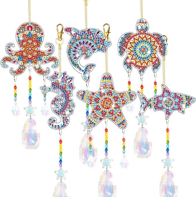 6 Pcs Diamonds Paintings Suncatcher,Ocean Themed Decorations,D Diamonds Paintings Wind Chimes,Diamonds Art Kits Hanging Ornaments for Adults Kids Home Garden