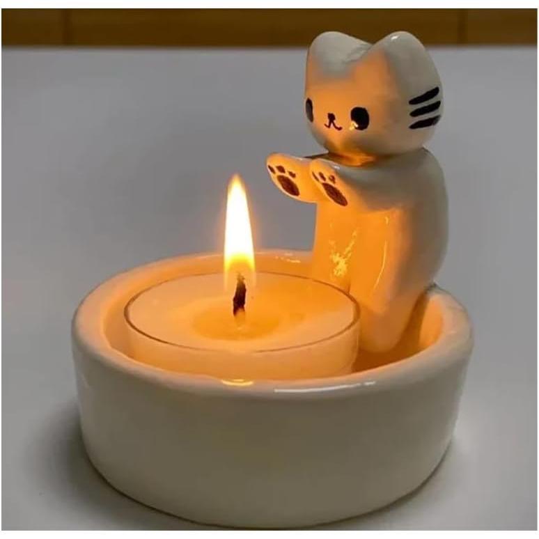 Kitten Candle Holder, Handmade Ceramic Candlestick,Cartoon Kitty Warming Its Paws Cute Light Holder, Gift for Cat Lover Choice(Not Included Candles)