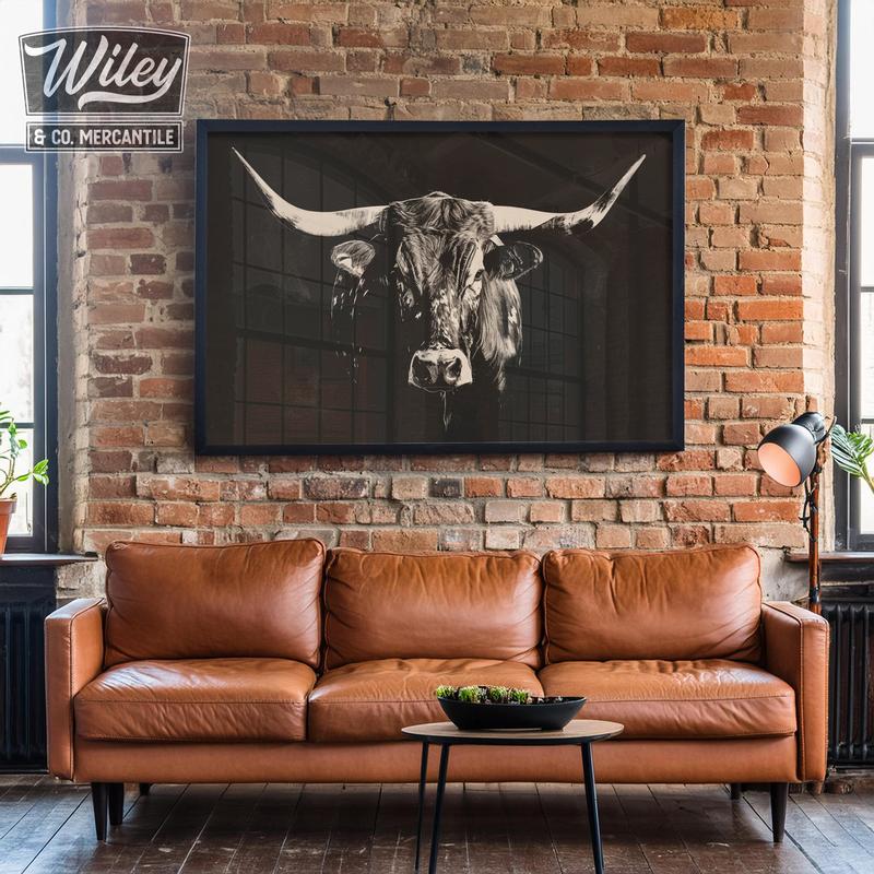 Texas Longhorn Art Poster No Frame, Black and White Modern Western Art Print, Large Western Living Decor, Ranch House Wall Art, Wild West Cow Prints