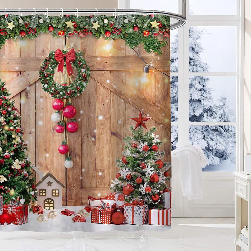 PAUSEBOLL Farmhouse Christmas Shower Curtain, Winter Xmas Tree Home Decor Wooden Barn Door Fabric Shower Curtains for Bathroom, Country Vintage Snowflake 72x72 Inch