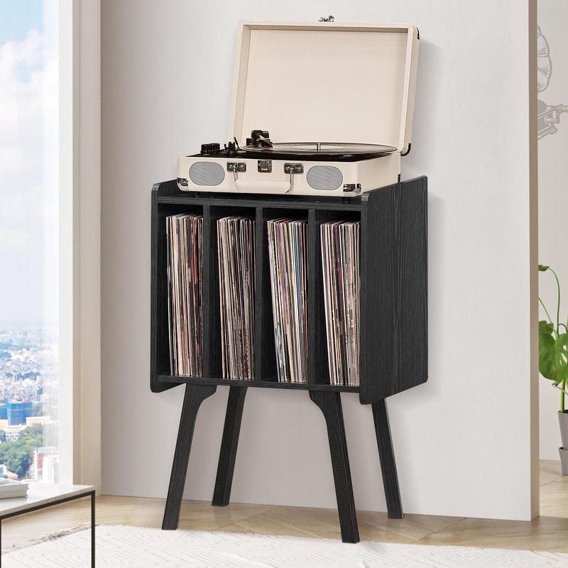 Phonograph stand, black vinyl record storage table with 4 cabinets, which can store up to 100 records, living room vinyl stand display stand bedroom furniture open storage tv console