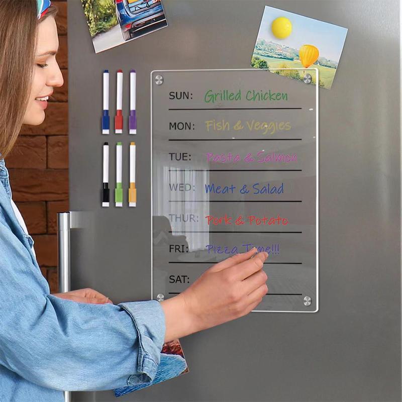 Acrylic Magnetic Weekly Calendar, 1 Set Clear Rectangular Message Board with 6pcs Pens, Kitchen Refrigerator Magnet for Home