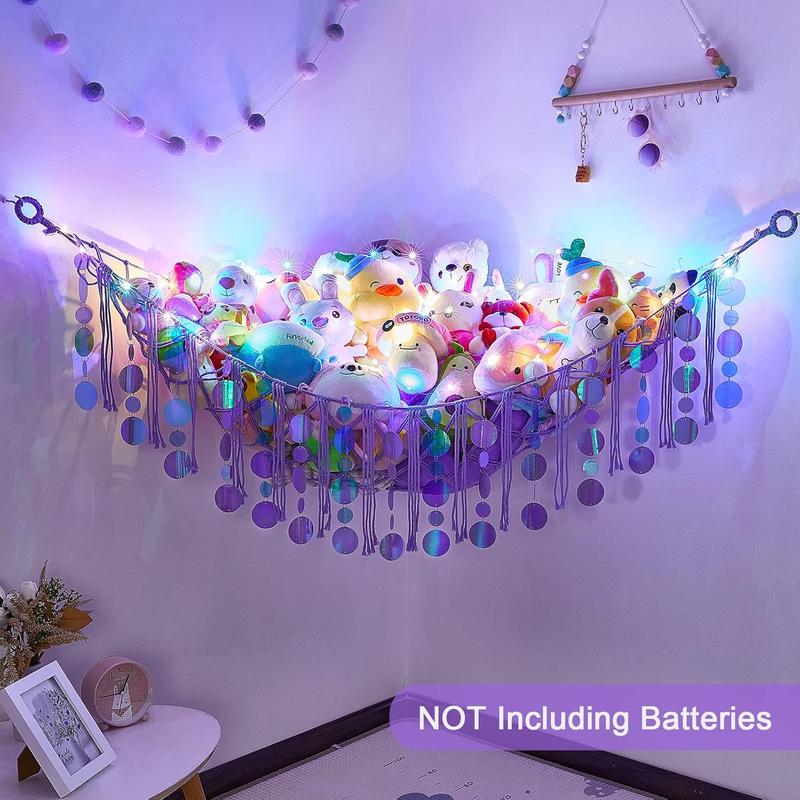 Stuffed  Hammock Net  Storage Organizer with LED Light, Stuffed  Storage Girls Room Decor Wall Hanging with Sequins for  Bedroom  Playroom, Purple