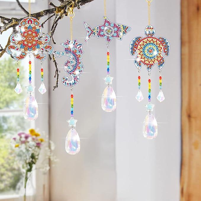 6 Pcs Diamonds Paintings Suncatcher,Ocean Themed Decorations,D Diamonds Paintings Wind Chimes,Diamonds Art Kits Hanging Ornaments for Adults Kids Home Garden