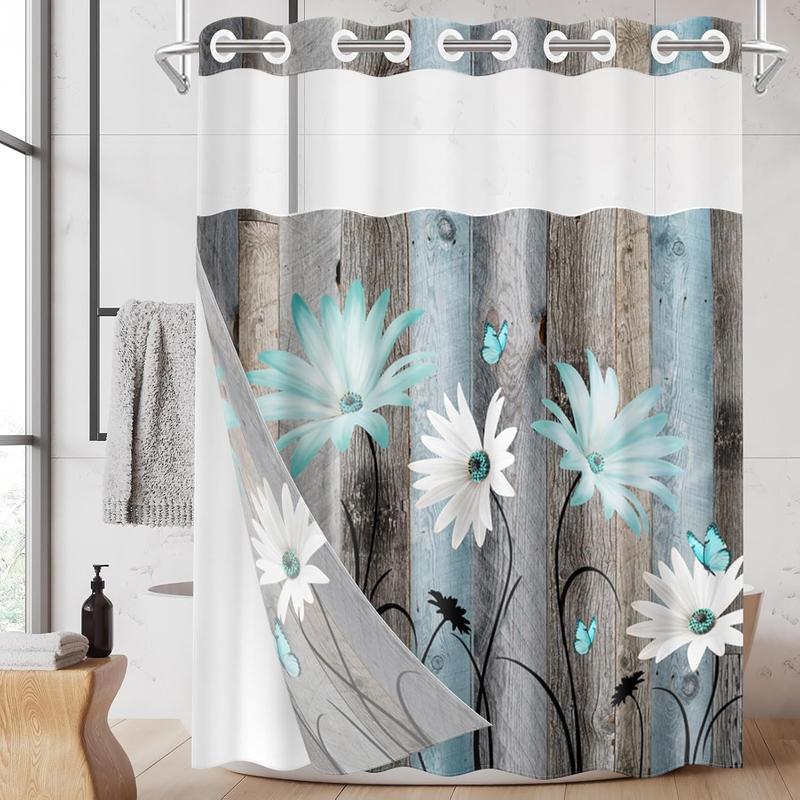 No Hook Rustic Farmhouse Shower Curtain with Snap in Fabric Liner Set, Teal Daisy Flowers and Butterfly on Wooden Double Layers Waterproof with See Through Top Bath Curtain 71x74 Inch