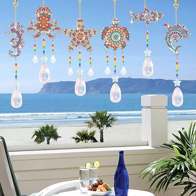 6 Pcs Diamonds Paintings Suncatcher,Ocean Themed Decorations,D Diamonds Paintings Wind Chimes,Diamonds Art Kits Hanging Ornaments for Adults Kids Home Garden