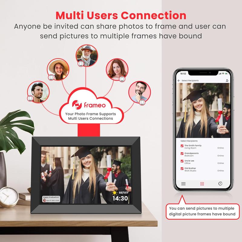 Frameo 10.1 Inch WiFi Digital Picture Frame, 1280x800 HD IPS Touch Screen Photo Frame Electronic, 32GB Memory, Auto-Rotate, Wall Mountable, Share Photos Videos Instantly via Frameo App from Anywhere, Christmas Gift for Mom, Dad, Wife