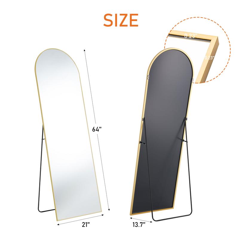 Full Length Mirror, 64''x21'' Gold Arched Mirror Large Floor Mirror Standing Leaning Hanging [64''x21'' - Gold]Floor Standing Mirror, Wall Mirror with Stand Aluminum Alloy Thin Frame，Floor Mirror for Bedrooms, Bathrooms, Living Room (Gold)Home Decor