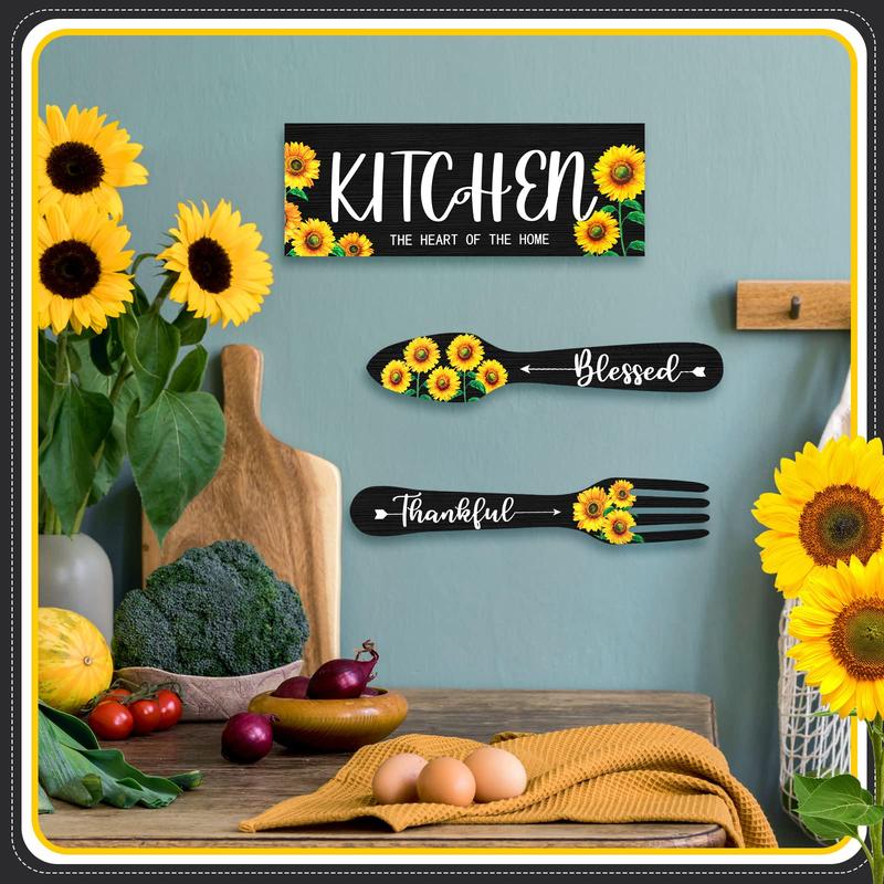 Wooden Sign, 3pcs set Sunflower & Letter Pattern Hanging Sign, Fork and Spoon Summer Farmhouse Wall Art Decor for Kitchen Home