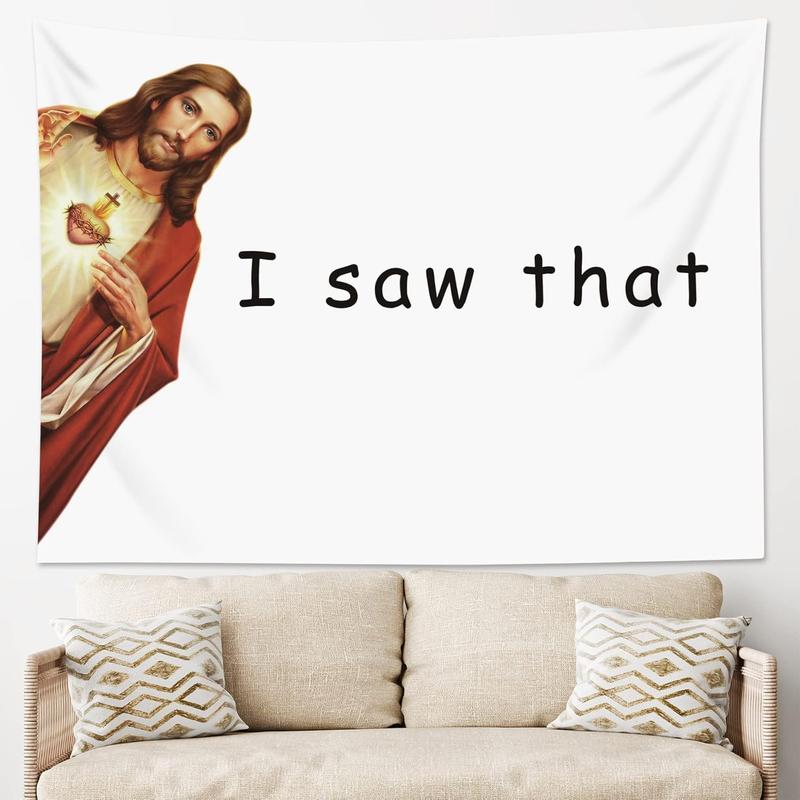 Funny Jesus Tapestry Jesus Christ I Saw That Tapestry Wall Hanging Christmas Wall Tapestry for Bedroom Aesthetic Black White Funny Words Tapestry for Living Room College Dorm Decor, 60Wx40H inch