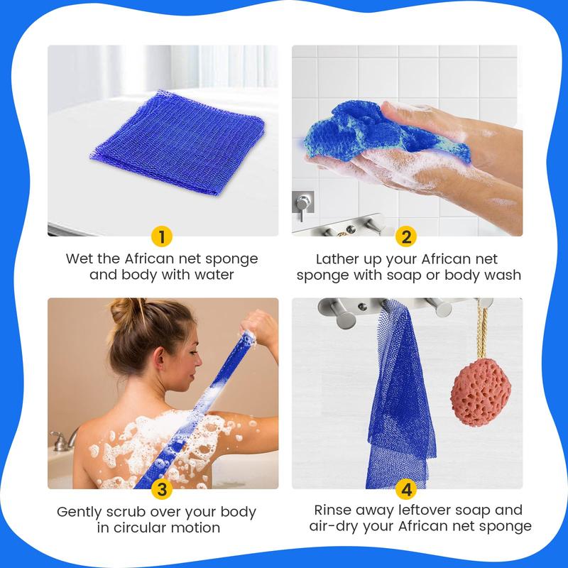 African Net Sponge, Authentic Exfoliating Body Scrubber for Bath and Shower, Multiple Textures with Gentle Deep Exfoliating and Rich Lather for All Skins (Blue)