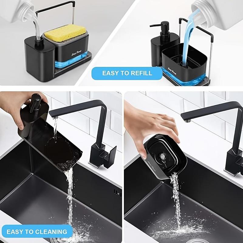 Multifunctional Soap Dispenser, 1 Count Soap Dispenser with Sponge Holder & Soap Dish, Soap Dispenser for Kitchen Sink Countertop, Kitchen Accessories