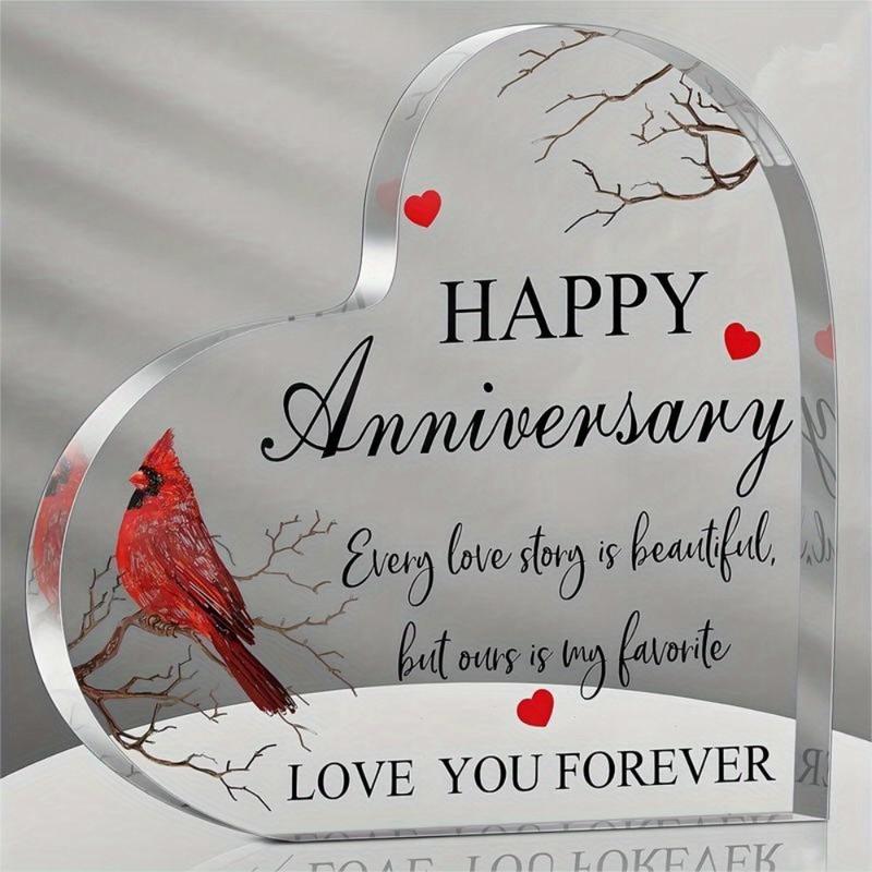 Happy Anniversary Cardinal Gift for Women Anniversary Wedding Gifts Anniversary Acrylic Heart Valentines Day Gifts for Her Him Couple Wife Husband Girlfriend Boyfriend (Delicate Style)