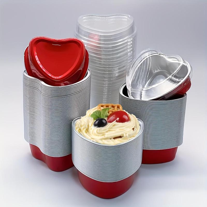 Heart Shaped Aluminum Foil Cupcake Cup with Lid, 30pcs Disposable Food Container, Mini Cup for Cooking, Storage, Baking, Food Prep