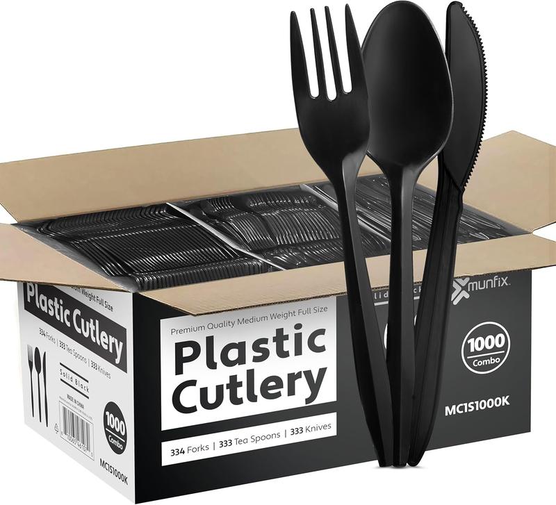 1000 Count Black Silverware Set, 334 Plastic Forks, 333 Plastic Spoons, 333 Plastic Knives, Medium Weight BPA Free Disposable Plastic Cutlery Set, Bulk Combo Pack Flatware Set for Party Supplies