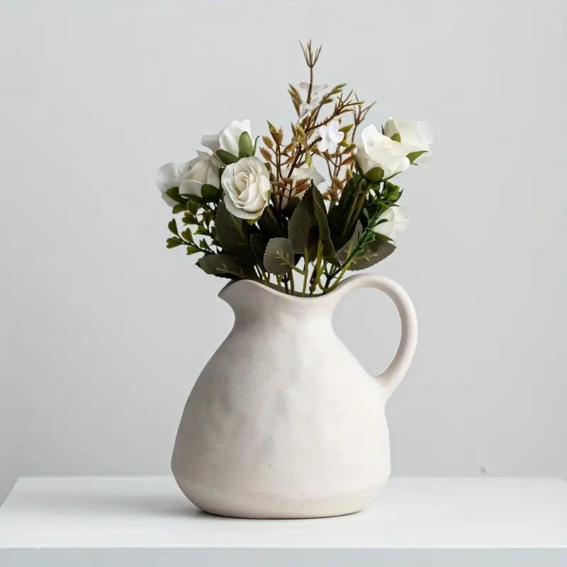 Ceramic Vase with Handle, Vintage Flower Vase, Simple Decorative Vase for Home Decor, Table, Living Room, Shelf