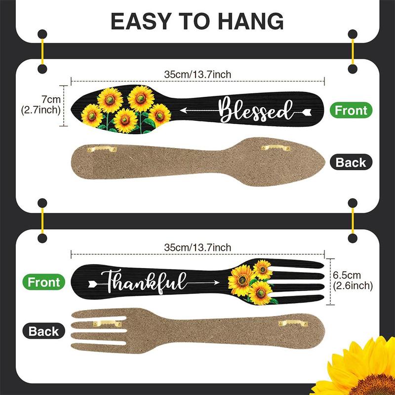 Wooden Sign, 3pcs set Sunflower & Letter Pattern Hanging Sign, Fork and Spoon Summer Farmhouse Wall Art Decor for Kitchen Home