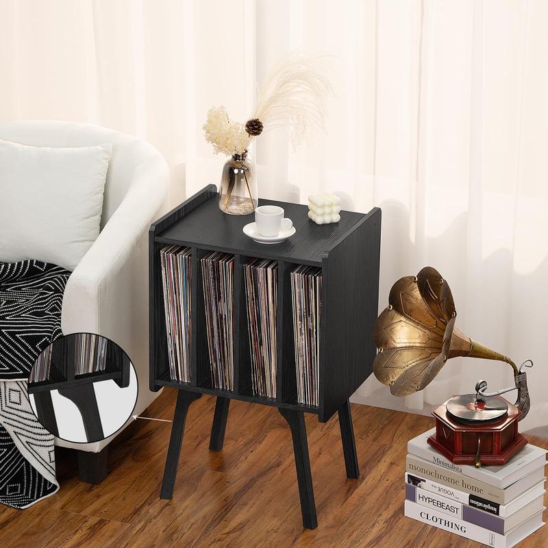 Phonograph stand, black vinyl record storage table with 4 cabinets, which can store up to 100 records, living room vinyl stand display stand bedroom furniture open storage tv console