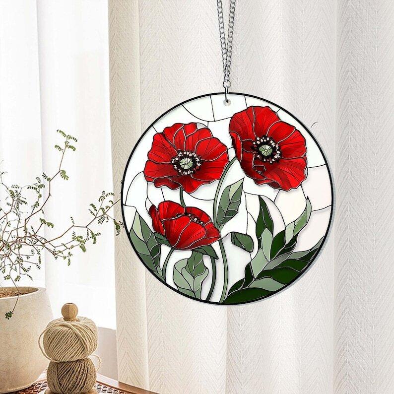 Red Poppies Flower ACRYLIC Window Hanging, Poppy Flower, Celestial Flowers Pot, Mother's Day Gift, Kitchen Decor, Gift For Her, Mom Gifts