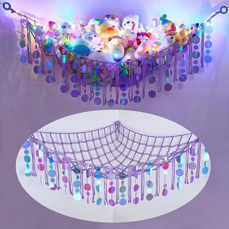 Stuffed  Hammock Net  Storage Organizer with LED Light, Stuffed  Storage Girls Room Decor Wall Hanging with Sequins for  Bedroom  Playroom, Purple