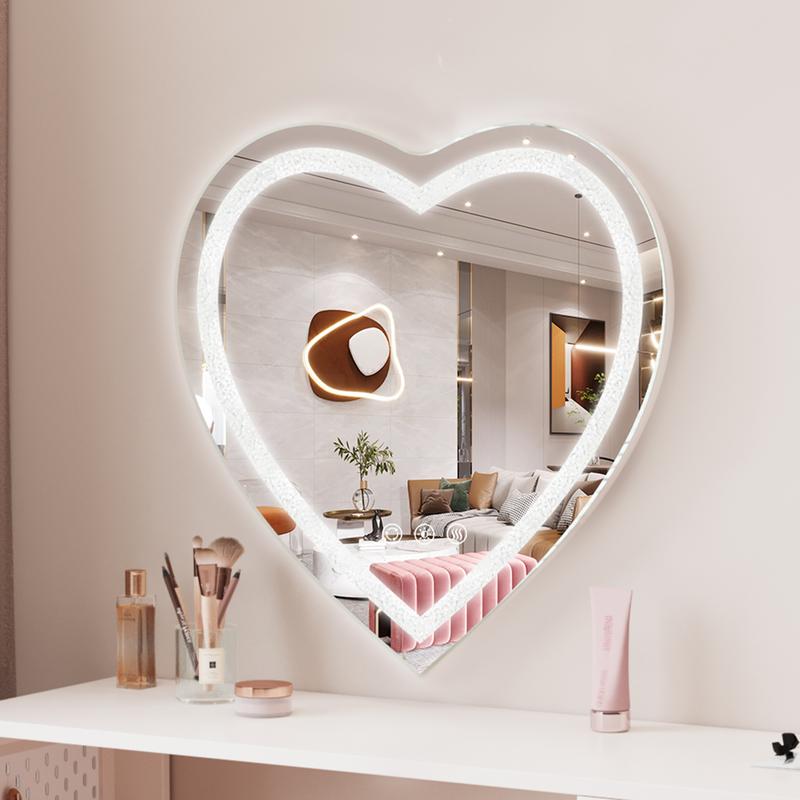 Heart Shape Mirror Home Decor Mirror with Lights, Dressing Room Wall Mirror,Crushed Diamond Mirror for Bedroom, Bathroom, Living Room,  Stepless Dimmable Smart Touch