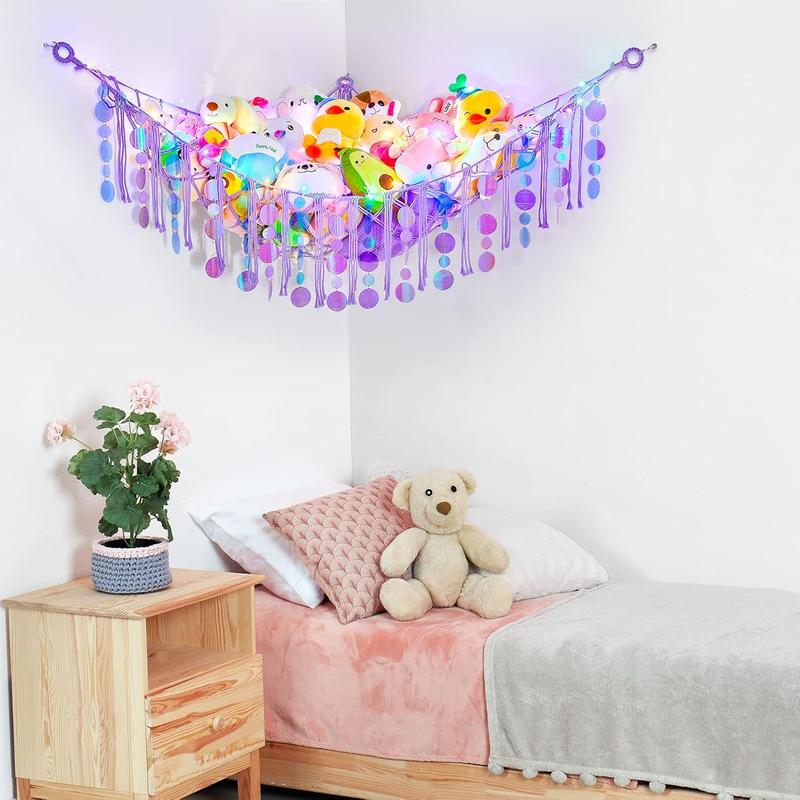 Stuffed  Hammock Net  Storage Organizer with LED Light, Stuffed  Storage Girls Room Decor Wall Hanging with Sequins for  Bedroom  Playroom, Purple