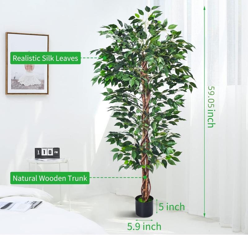 5FT & 6FT Artificial Ficus Tree - Faux Silk Plants with Sturdy Plastic Nursery Pot. Ideal for Home, Office, Farmhouse Indoor & Outdoor Decor. Perfect Housewarming Gift.