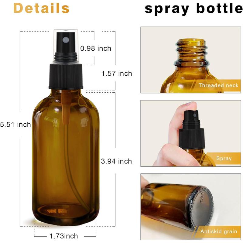 Spray Bottles about 4oz Amber Small Empty Glass Spray Bottle Fine Mist Spray Refillable Containers, Set of 4, Included 6 Sprinkler, 2 Funnels,1 Droppers, 8 Labels