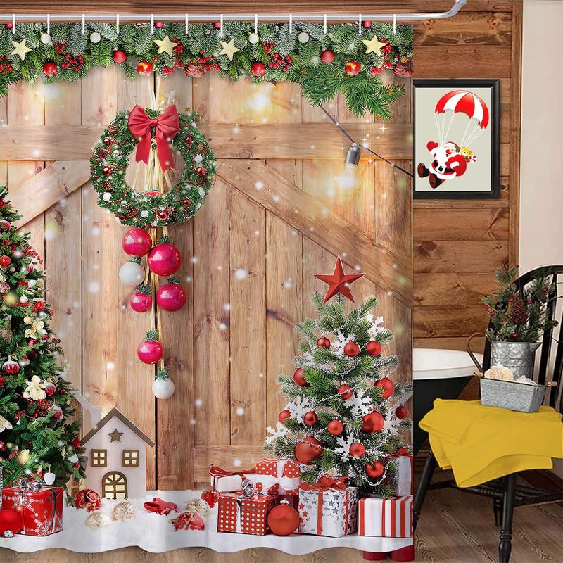 PAUSEBOLL Farmhouse Christmas Shower Curtain, Winter Xmas Tree Home Decor Wooden Barn Door Fabric Shower Curtains for Bathroom, Country Vintage Snowflake 72x72 Inch