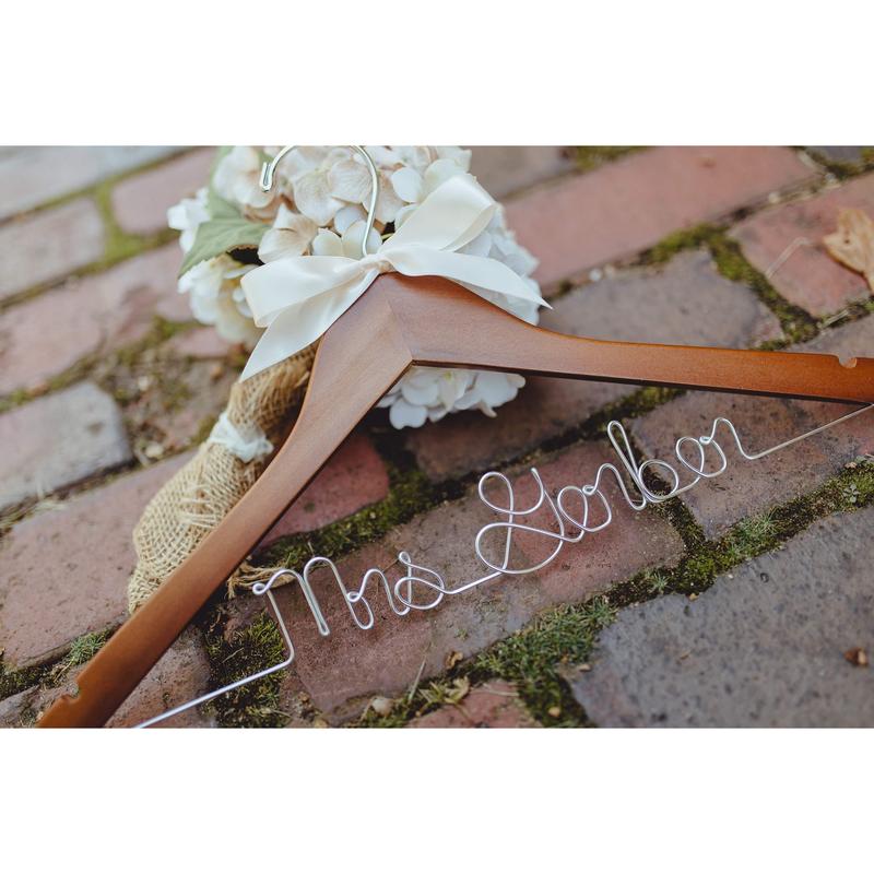 'Bride' Wedding Dress Hanger - Personalized Solid Wood Bridal Hanger with Wire Text in Gold Silver - Walnut Wood - Wedding Organizer