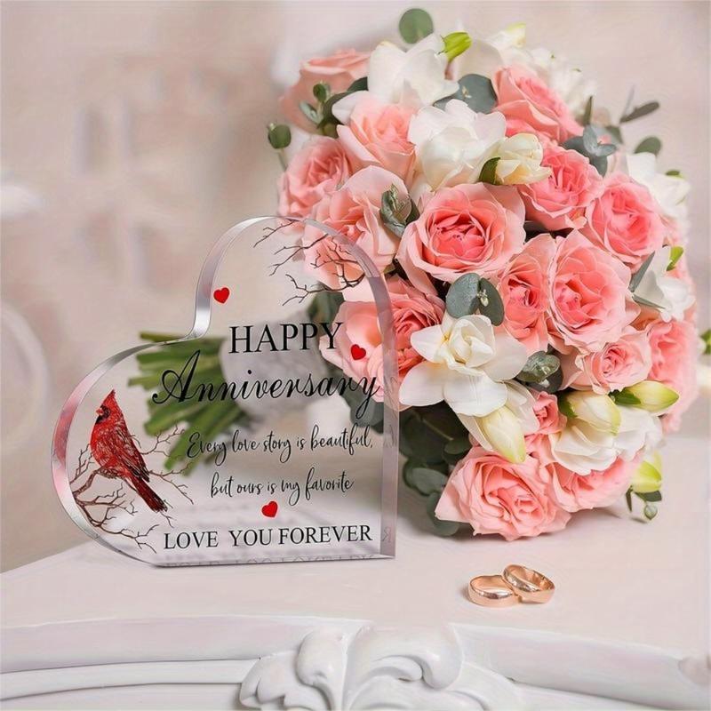 Happy Anniversary Cardinal Gift for Women Anniversary Wedding Gifts Anniversary Acrylic Heart Valentines Day Gifts for Her Him Couple Wife Husband Girlfriend Boyfriend (Delicate Style)