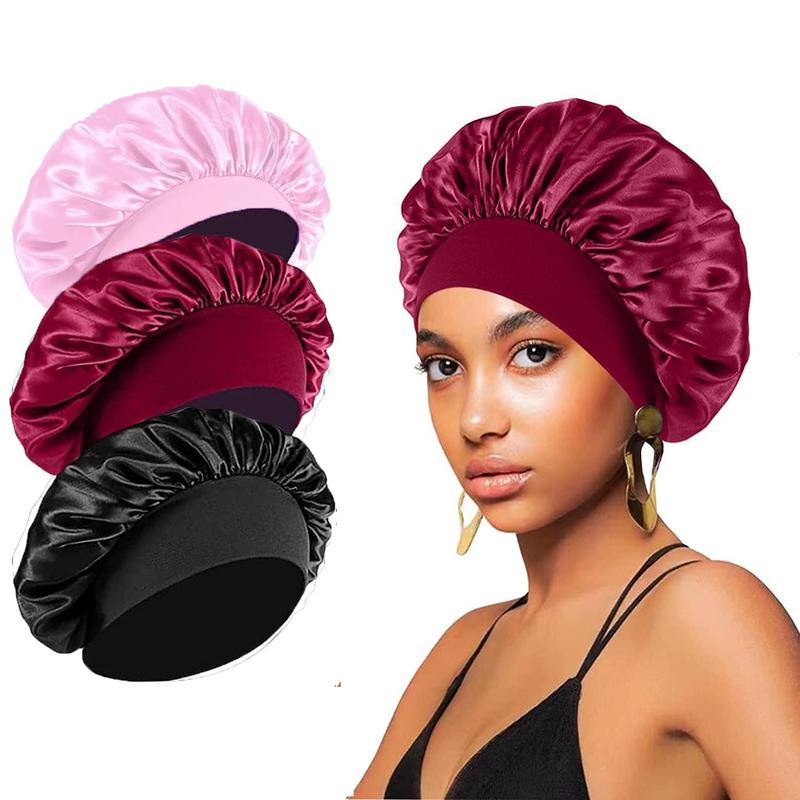 Satin Sleeping Cap, 3counts set Soft Hair Cap for Sleeping & Shower, Wide Elastic Hair Bonnet, Hair Bonnet for Women, Shower Cap for Women, Bathroom Supplies