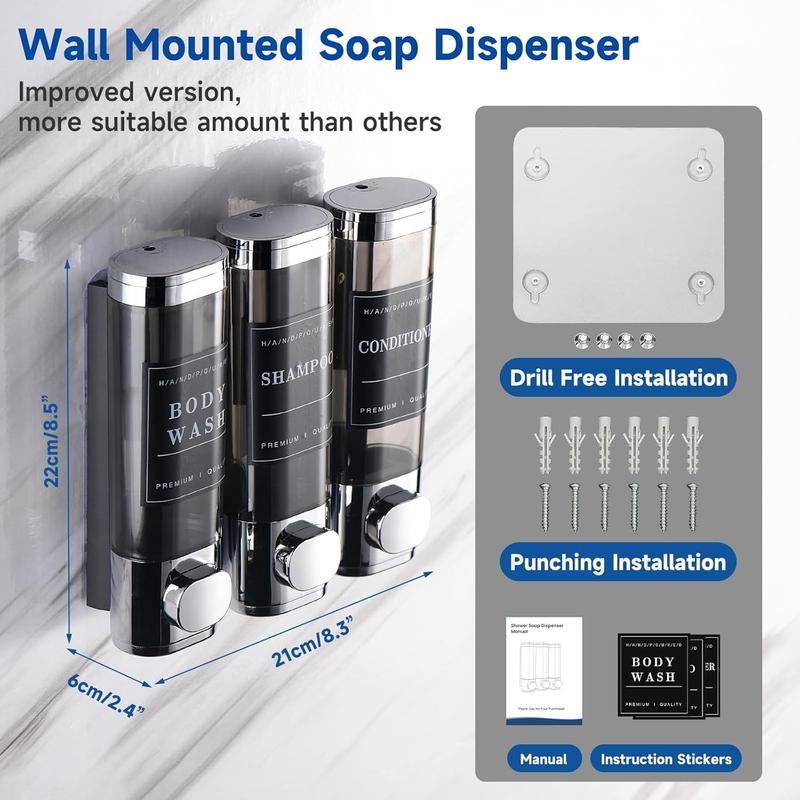 Shower Soap Dispenser Wall Mounted No Drill Shampoo Dispenser for Shower Wall Shampoo and Conditioner Dispenser Bathroom Hotel 3 * 300ml shower soapdispenser Round Transparent Bottles Installation Waterproof Smooth