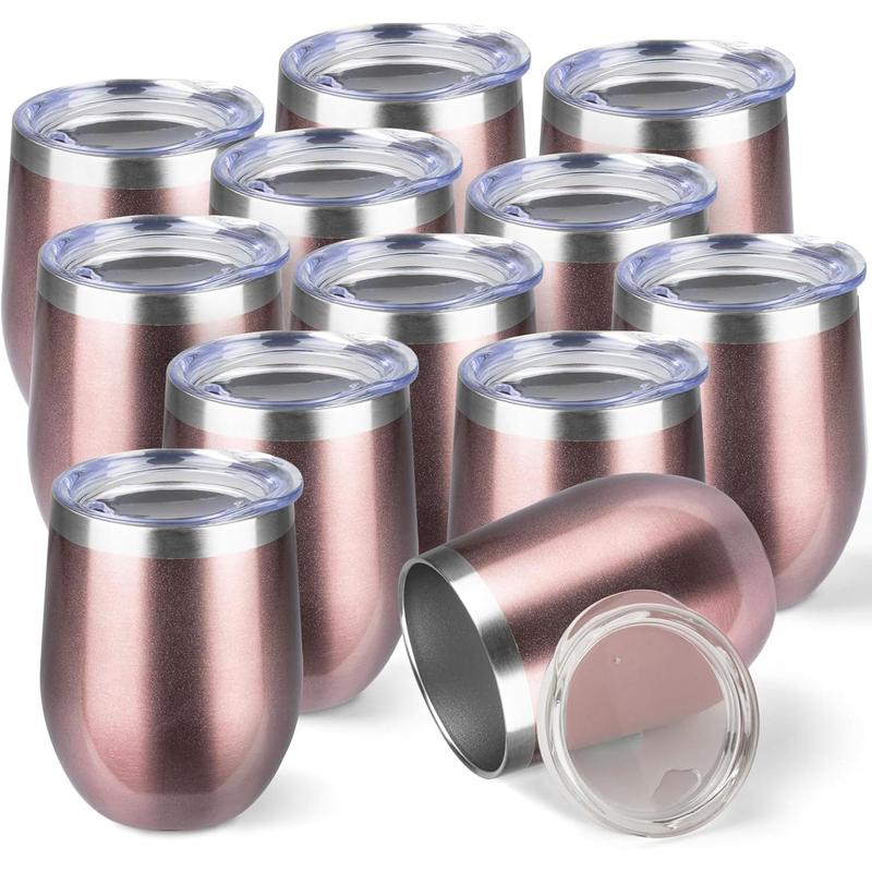 12oz 6 Pack Wine Tumbler with lid, Stainless Steel Travel Mugs Stemless Double Wall Insulated Coffee Cup, Insulated Wine Glasses Travel Tumbler for Cold & Hot Drinks(Rose Gold, 6)