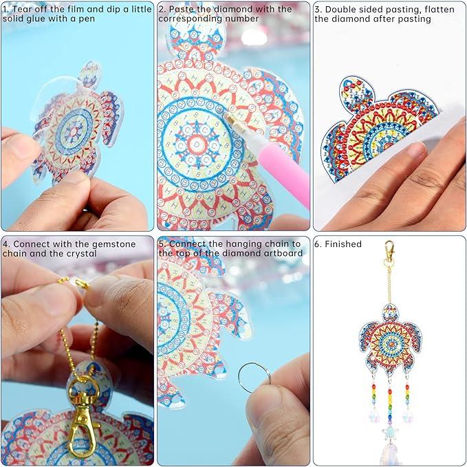 6 Pcs Diamonds Paintings Suncatcher,Ocean Themed Decorations,D Diamonds Paintings Wind Chimes,Diamonds Art Kits Hanging Ornaments for Adults Kids Home Garden