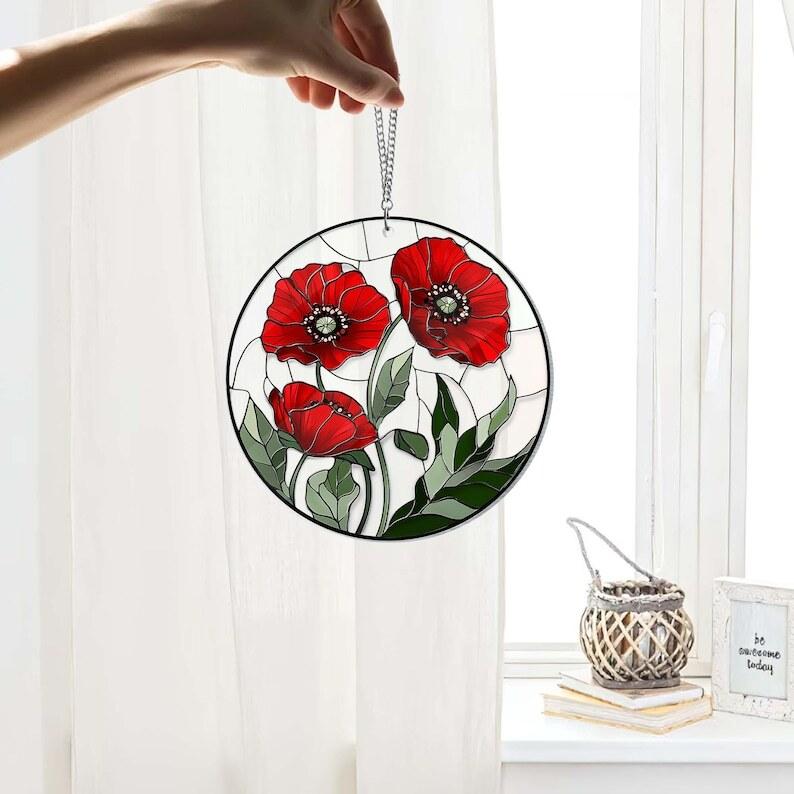 Red Poppies Flower ACRYLIC Window Hanging, Poppy Flower, Celestial Flowers Pot, Mother's Day Gift, Kitchen Decor, Gift For Her, Mom Gifts