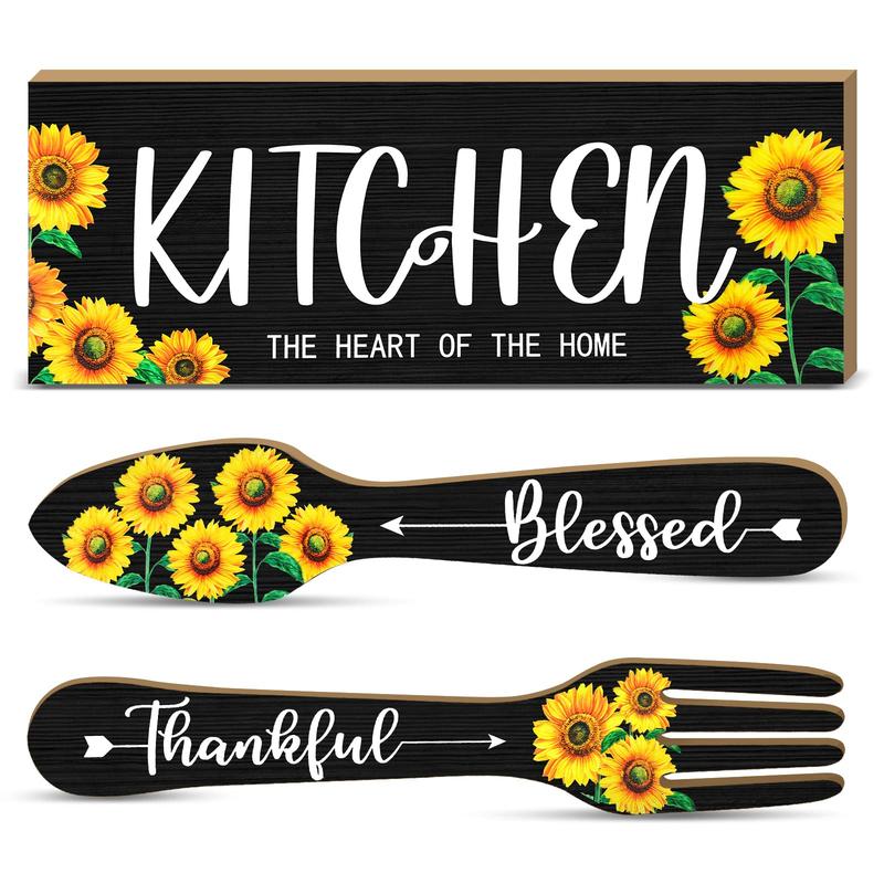 Wooden Sign, 3pcs set Sunflower & Letter Pattern Hanging Sign, Fork and Spoon Summer Farmhouse Wall Art Decor for Kitchen Home