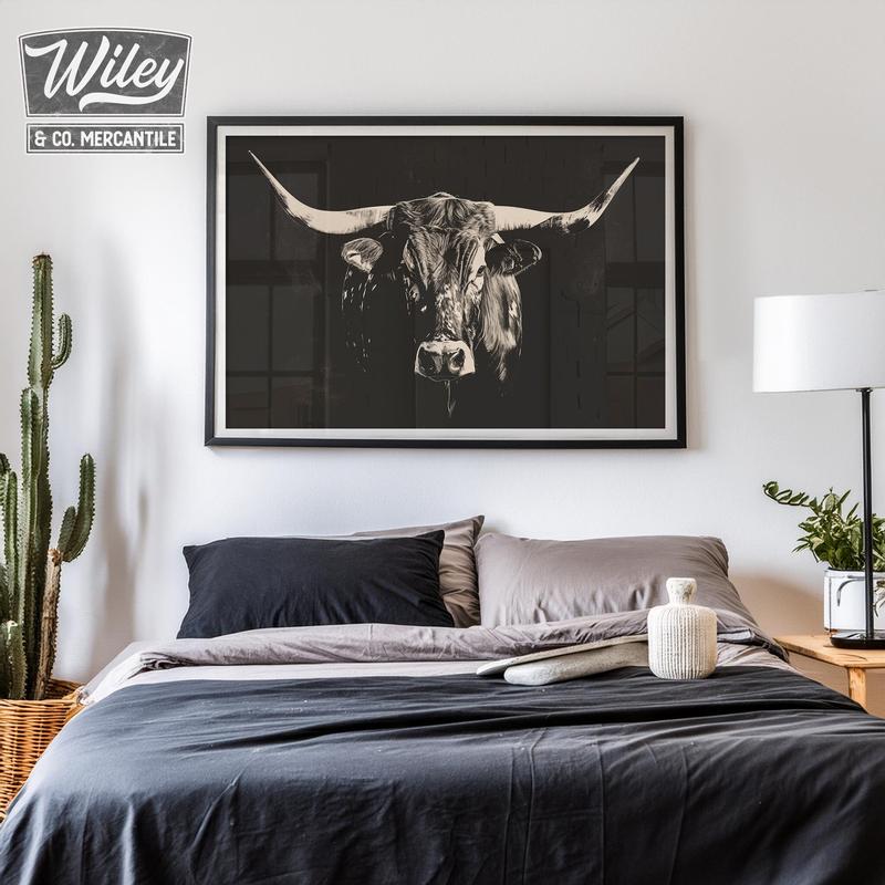 Texas Longhorn Art Poster No Frame, Black and White Modern Western Art Print, Large Western Living Decor, Ranch House Wall Art, Wild West Cow Prints